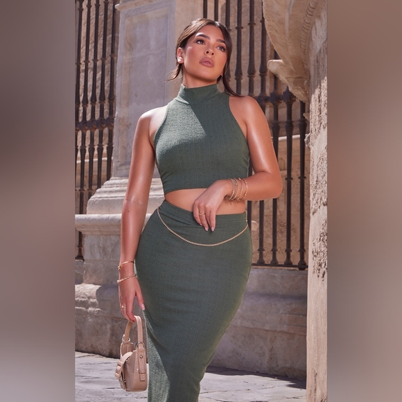 Khaki Textured Jersey High Waist Midaxi Skirt and crop top - Picture 1 of 4
